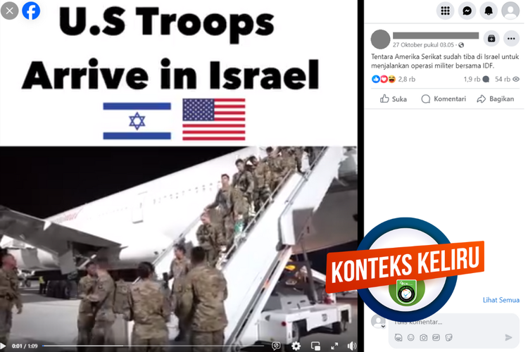 Tangkapan layar unggahan dengan konteks keliru di sebuah akun Facebook, Jumat (27/10/2023), soal kedatangan tentara AS di Israel.