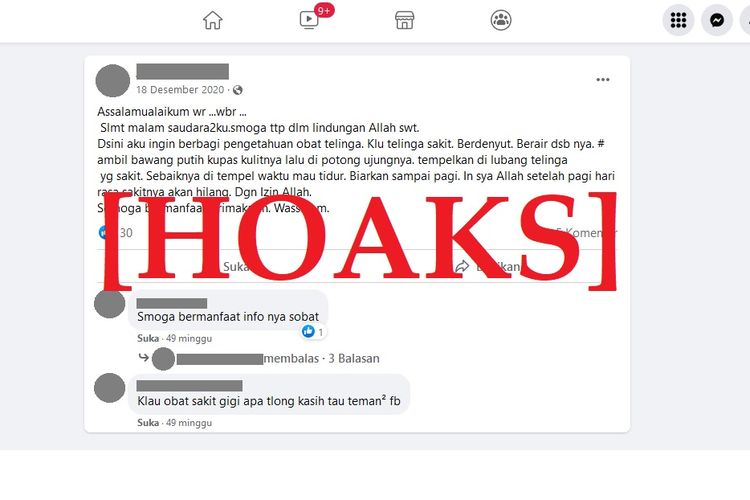 Tangkapan layar hoaks menempelkan bawang putih untuk mengobati pusing oleh sebuah akun Facebook.