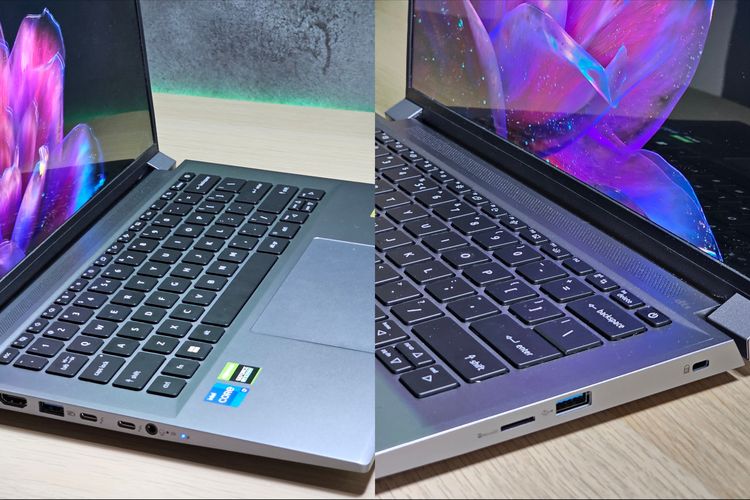 Laptop ini dibekali port seperti audio jack 3,5 mm, dua buah USB Type-C (Thunderbolt 4), HDMI 2.1, slot microSD.