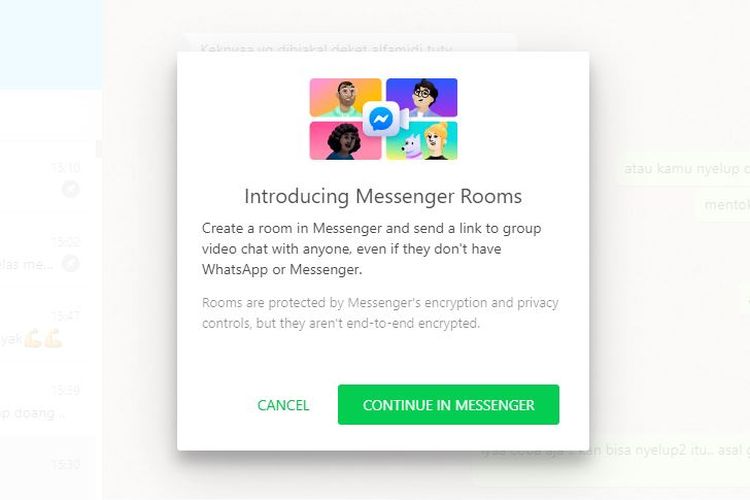 tampilan pertama kali yang muncul saat pengguna whatsapp akan menggunakan fitur messenger Rooms di akun whatsapp mereka