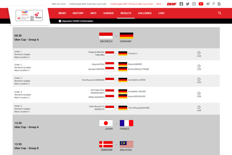 2020 schedule cup thomas 2022 Badminton