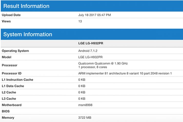 Bocoran informasi perangkat dari Geekbench yang disinyalir memperlihatkan spesifikasi LG G30.