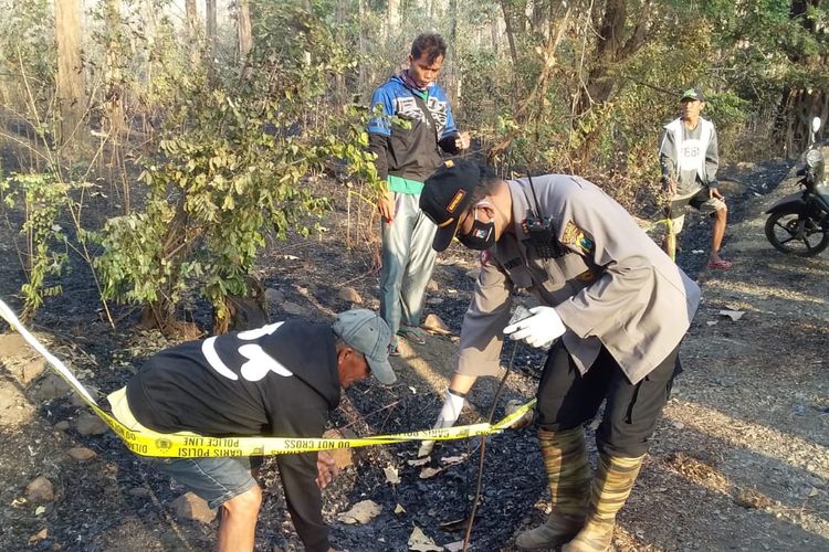Polisi saat mengamankan penemuan tengkorak di hutan baluran yang terbakar di Situbondo