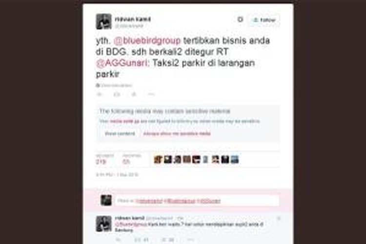 Wali Kota Bandung, Ridwan Kamil, menegur perusahaan taksi ternama, Blue Bird, melalui akun Twitternya, @ridwankamil. 