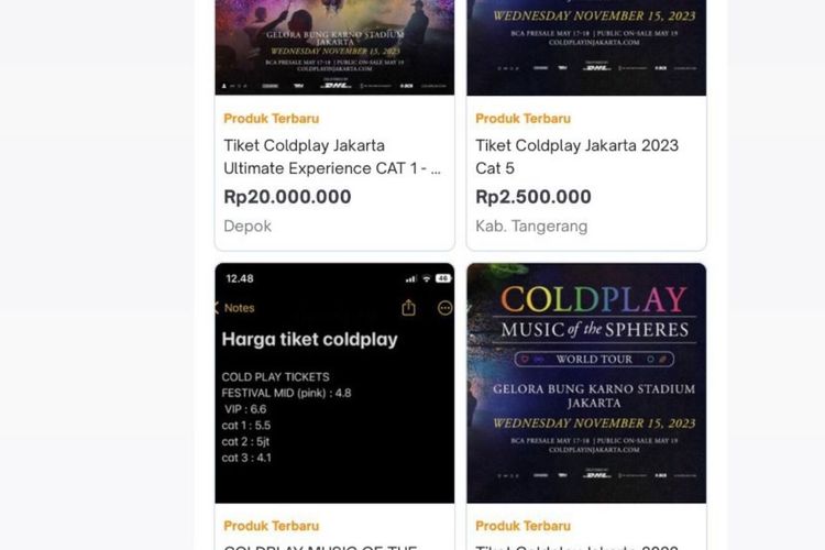 Tiket konser Coldplay di marketplace Tokopedia
