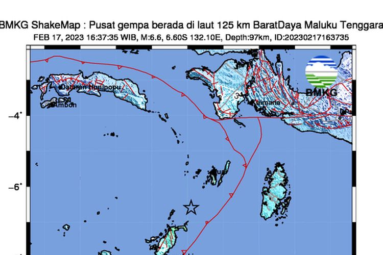 Peta guncangan gempa Maluku Tenggara, Jumat (17/2/2023).