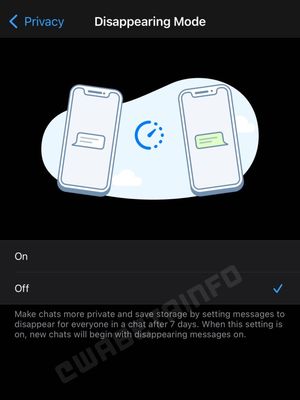 Tampilan pengaturan pada fitur Disappearing Mode yang dapat ditemukan pada menu pengaturan WhatsApp.