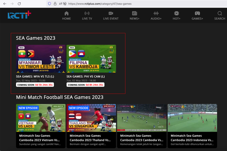 Ilustrasi cara nonton sepak bola SEA Games 2023 via rctiplus.com.