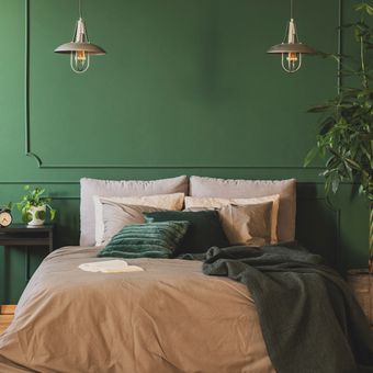 Ilustrasi kamar tidur dengan cat dinding hijau. 