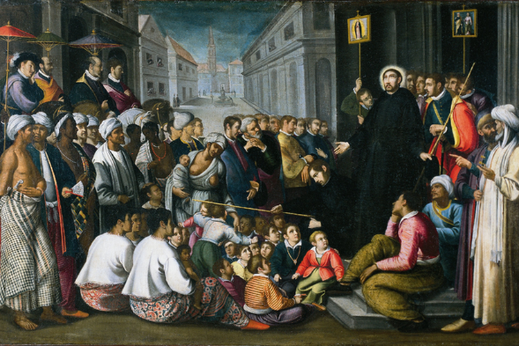 Lukisan Santo Fransiskus Xaverius sedang berkhotbah di Goa, India.  Menurut catatan sejarah, Fransiskus tiba di Goa, India, ibu kota koloni Portugis, pada tanggal 6 Mei 1542. Ia menyebarkan agama Katolik di sana.