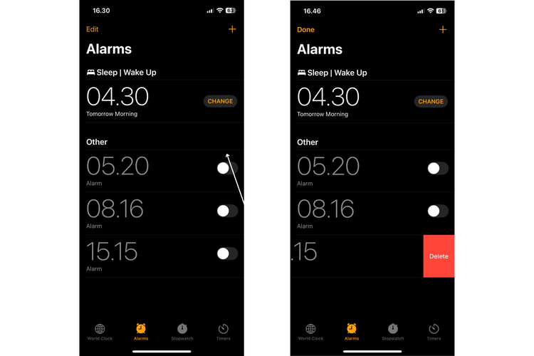 Ilustrasi cara hapus alarm di iPhone