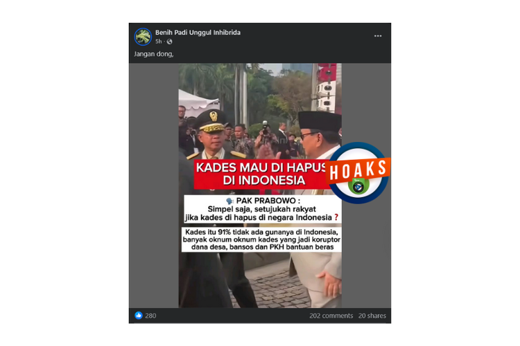 Hoaks, Prabowo akan menghapus jabatan kades