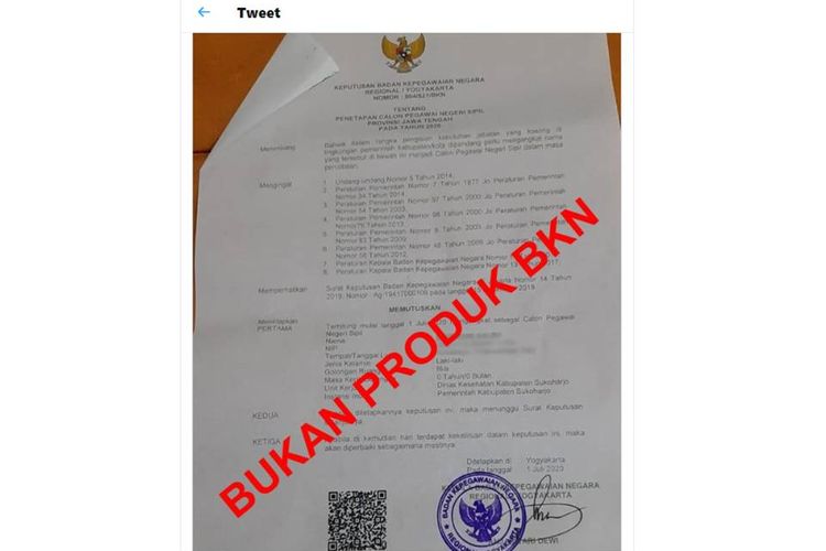 Hoaks Surat Pengangkatan Cpns 2020 Catut Bkn Kanreg 1 Yogyakarta Halaman All Kompas Com