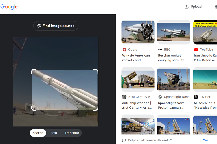 Tangkapan layar pencarian gambar di Google Lens, mengarahkan hasil pencarian pada pemberitaan soal roket Proton-M.