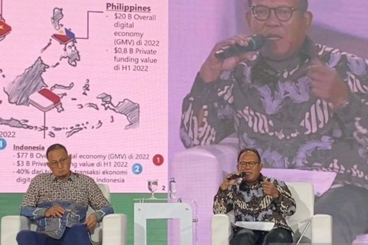 Deputi Komisioner Otoritas Jasa Keuangan (OJK) Bambang W Budiawan (kanan), di acara AFPI UMKM Digital Summit 2023 di Jakarta.