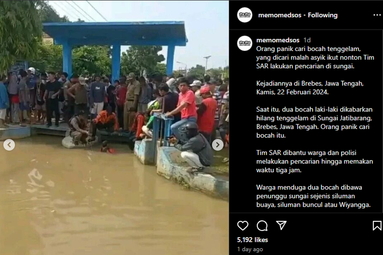 Tangkap layar proses evakuasi bocah diduga tenggelam di Brebes [Instagram/memomedsos].
