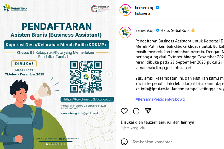 Tangkapan layar lowongan Asisten Bisnis Kemenkop UKM 2025. Lowongan Asisten Bisnis Kemenkop UKM 2025 kembali dibuka hingga 25 September 2025.