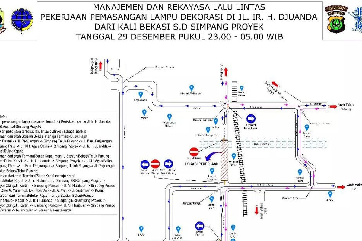 Peta manajemen rekayasa lalu lintas yang akan diberlakukan pada Kamis (29/12/2022) sejak pukul 23.00 - 05.00 WIB. Rekayasa lalu lintas itu diberlakukan sebagai imbas dari pemasangan lampu hias kota yang akan dipasang di Simpang Proyek menuju Jembatan Kali Bekasi.