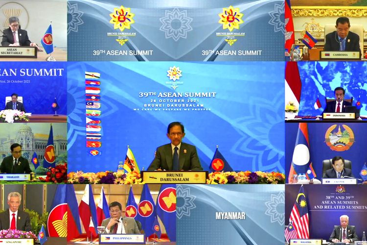 This image released on Tuesday, Oct. 26, 2021, by Brunei ASEAN Summit shows ASEAN chairman, Brunei's Sultan Hassanal Bolkiah speaks in Bandar Seri Begawan, Brunei, during a virtual summit with the leaders of the Association of Southeast Asian Nations (ASEAN) member? states. Southeast Asian leaders began their annual summit without Myanmar on Tuesday amid a diplomatic standoff over the exclusion of the leader of the military-ruled nation from the group's meetings. An empty box of Myanmar is seen at bottom second from right. (Brunei ASEAN Summit via AP)