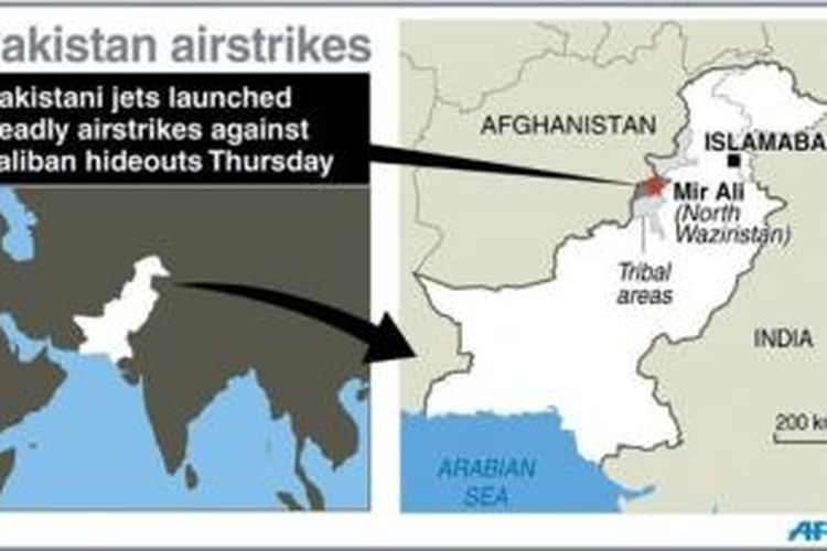 Peta serangan udara Pakistan di wilayah persembunyian Taliban.