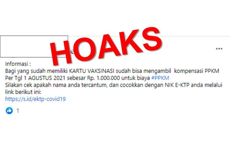 Hoaks, bantuan Rp 1 juta dari pemerintah bagi warga yang sudah memiliki kartu vaksin selama PPKM.