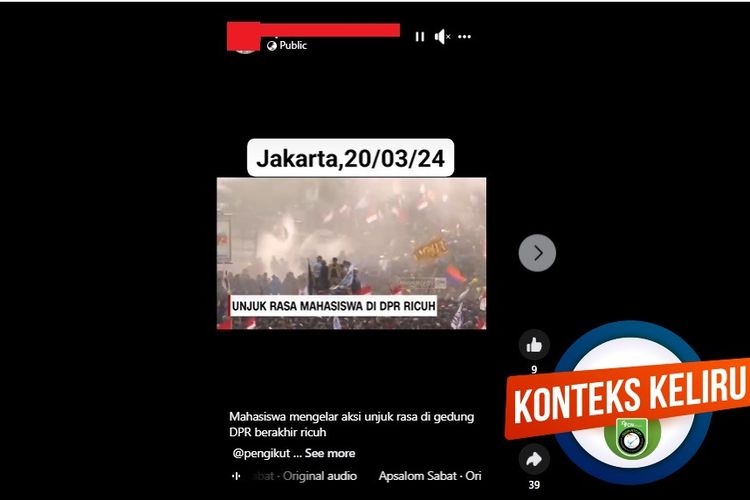 Tangkapan layar Facebook, video yang diklaim sebagai kerusuhan demonstrasi mahasiswa di gedung DPR pada 20 Maret 2024