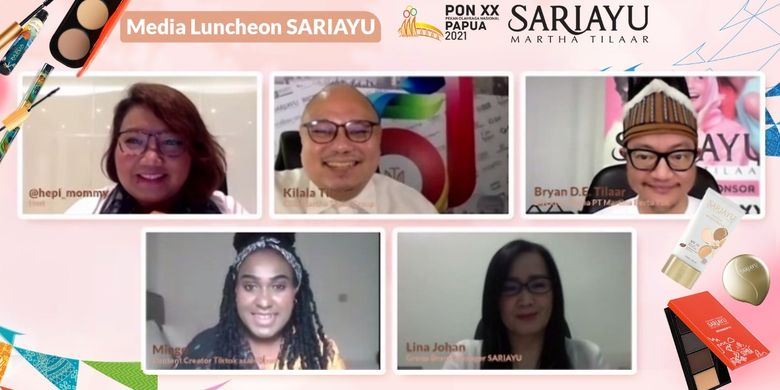 Narasumber Media Luncheon Sariayu, CEO Martha Tilaar Group Kilala Tilaar (tengah atas), Direktur Utama PT Martina Berto Tbk Bryan D.E. Tilaar (kanan atas), content creator asal Papua Mingo (bawah kiri), dan Group Brand Manager Sariayu, Lina Johan (kiri bawah)