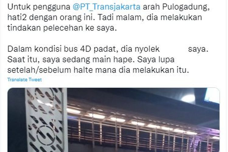 Tangkapan layar utas Twitter soal pelecehan seksual penumpang pria di TransJakarta arah Pulogadung.