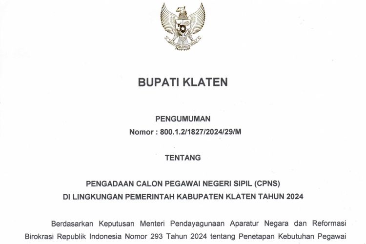 Pengumuman seleksi dan formasi CPNS 2024 di lingkungan Pemerintah Kabupaten Klaten.