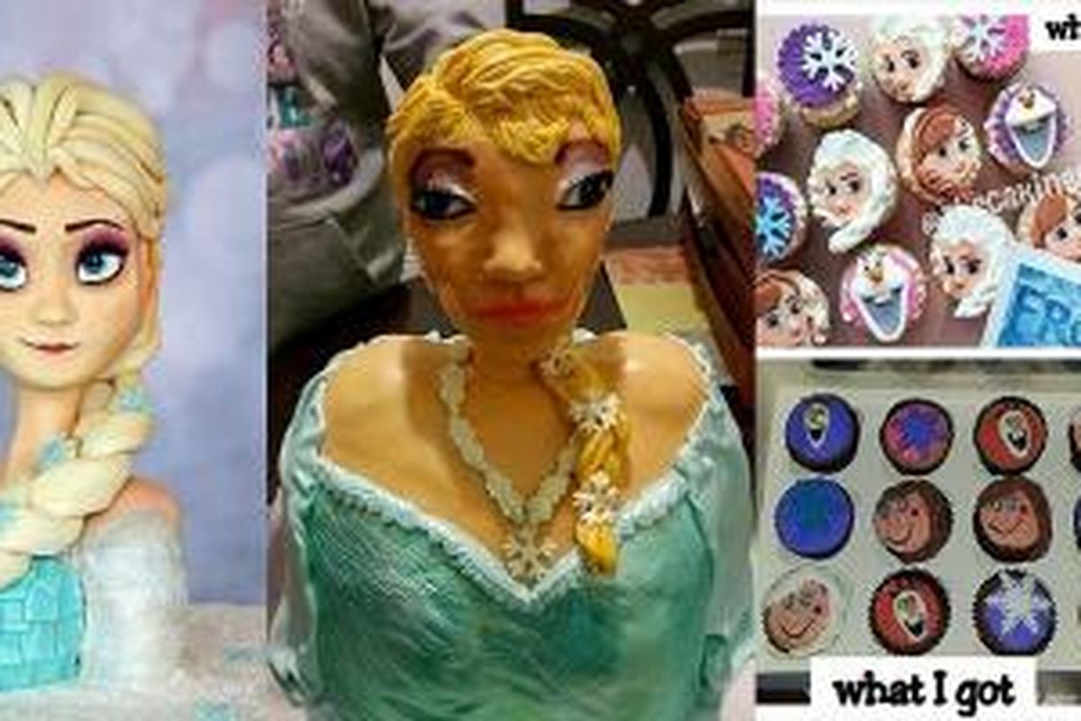 Toko kue asal New York, Amerika Serikat, McGreevey Cake, yang telah mengunggah hasil foto jadi kue Elsa Frozen di situs online mereka (kiri) dan mengirimkannya dalam bentuk berbeda (tengah dan kanan). 