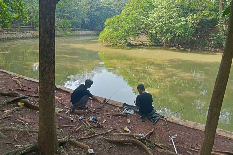 Pengunjung memancing di danau yang ada di Hutan Kota Srengseng.