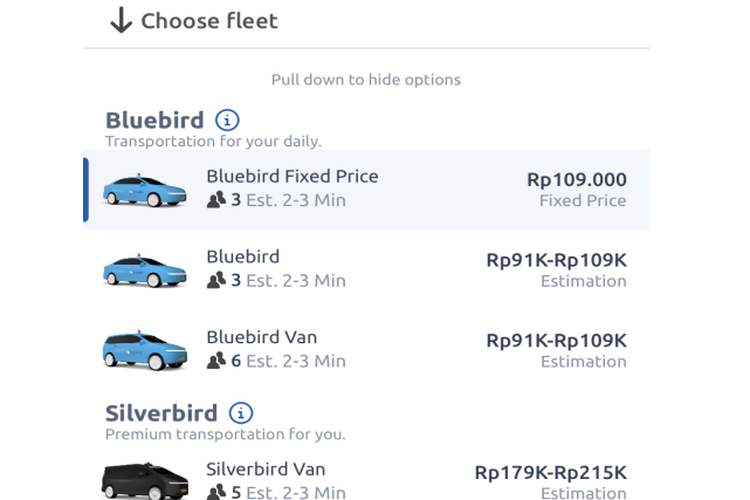 Tarif taksi di aplikasi MyBlueBird