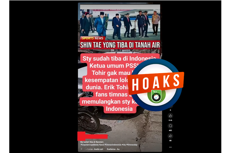 Tangkapan layar Facebook narasi yang mengeklaim Shin Tae-yong telah tiba di Indonesia untuk kembali latih timnas