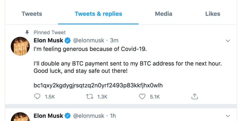 Bunyi kicauan Elon Musk saat akun Twitternya dibajak.