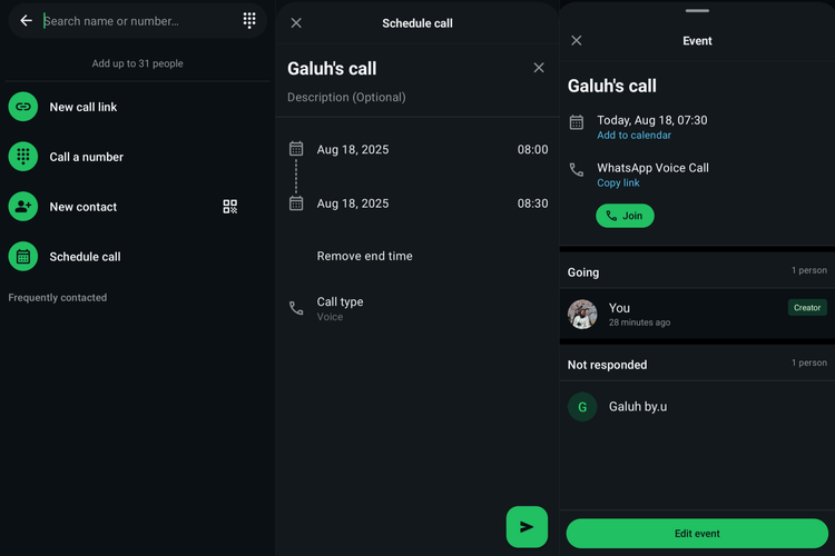Ilustrasi cara menjadwalkan panggilan telepon di WhatsApp.