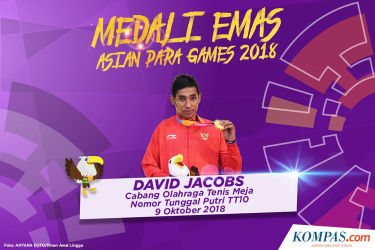 david Jacobs, meraih medali emas pada cabang olahraga tenis meja nomor tunggal putra TT10, Jakarta (9/10/2018).