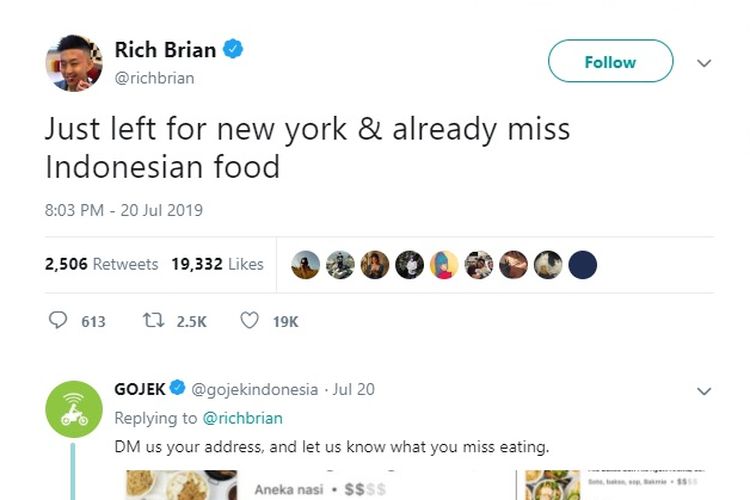 Penyanyi rap Rich Brian mengaku kangen makanan Indonesia yang kemudian dibalas admin Twitter Gojek.