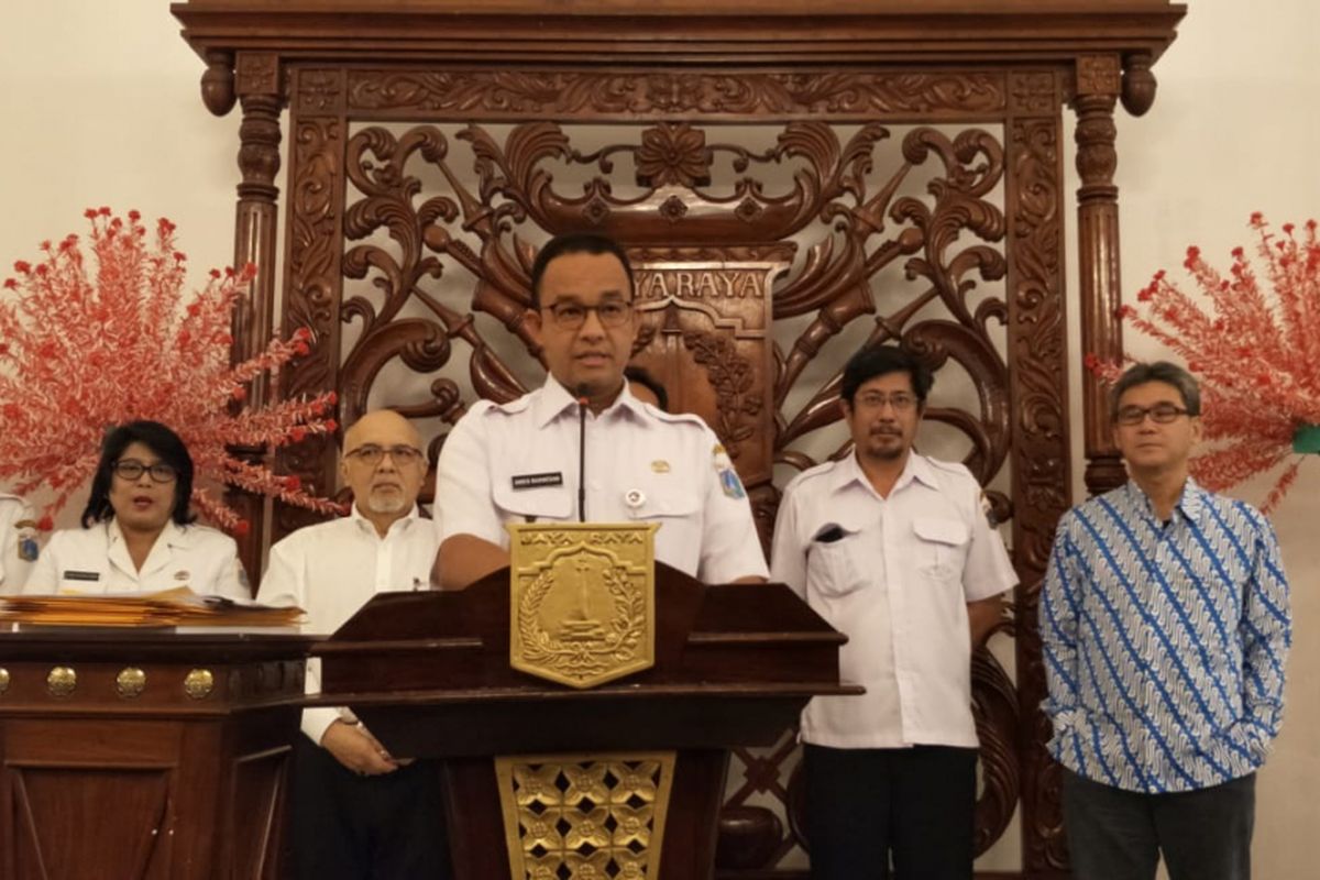 Gubernur DKI Jakarta Anies Baswedan saat konferensi pers pengentian proyek reklamasi Teluk Jakarta di Balai Kota DKI Jakarta, Jalan Medan Merdeka Selatan, Rabu (26/9/2018).