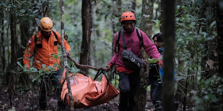 Tim SAR Gabungan membawa kantong berisi serpihan pesawat ATR 42-500 milik IAT di Gunung Bulusaraung, Kabupaten Pangkep, Sulawesi Selatan, Minggu (18/1/2026). Tim SAR gabungan masih berusaha mengevakuasi para korban kecelakaan pesawat meski terkendala cuaca buruk. ANTARA FOTO/Muchtamir/Lmo/tom.