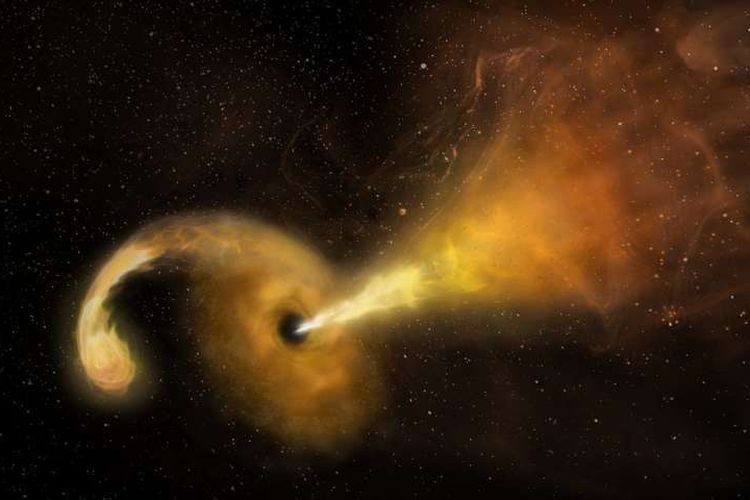 Konsep tentang peristiwa gangguan pasang surut (TDE) yang terjadi ketika sebuah bintang melewati fatal mendekati lubang hitam supermasif, yang bereaksi dengan meluncurkan semburan relativistik. 