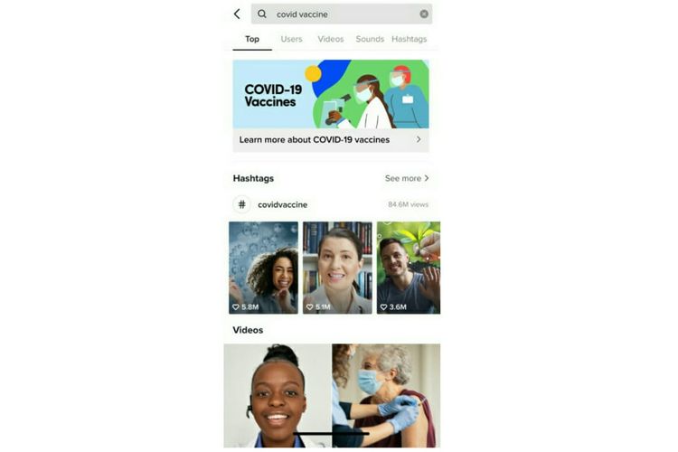 Tampilan pusat informasi vaksin corona di aplikasi TikTok.