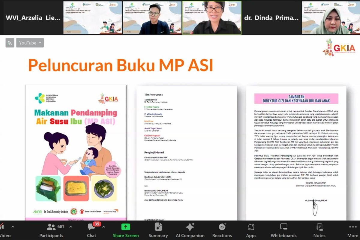 Tangkapan layar peluncuran buku makanan pendamping air susu ibu (MPASI) kaya protein pada Senin (12/2/2024). Buku tersebut disusun oleh Presidium Gerakan Kesehatan Ibu dan Anak (GKIA), dokter spesialis anak Fakultas Kedokteran (FK) Universitas Kristen Maranatha, Kementerian Kesehatan, dan bekerja sama dengan Wahana Visi Indonesia (WVI).