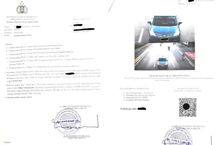 Contoh surat tilang yang dikirim ke pemilik kendaraan yang terpantau langgar lalu lintas lewat kamera ETLE.