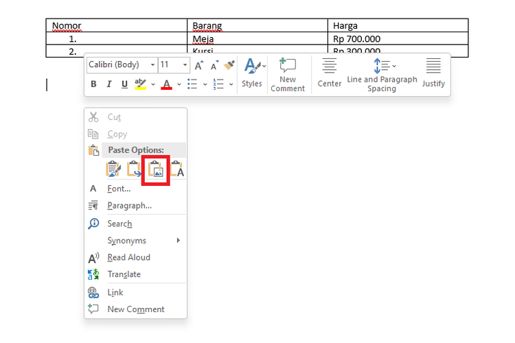 Cara mengubah tabel menjadi gambar di Microsoft Word.