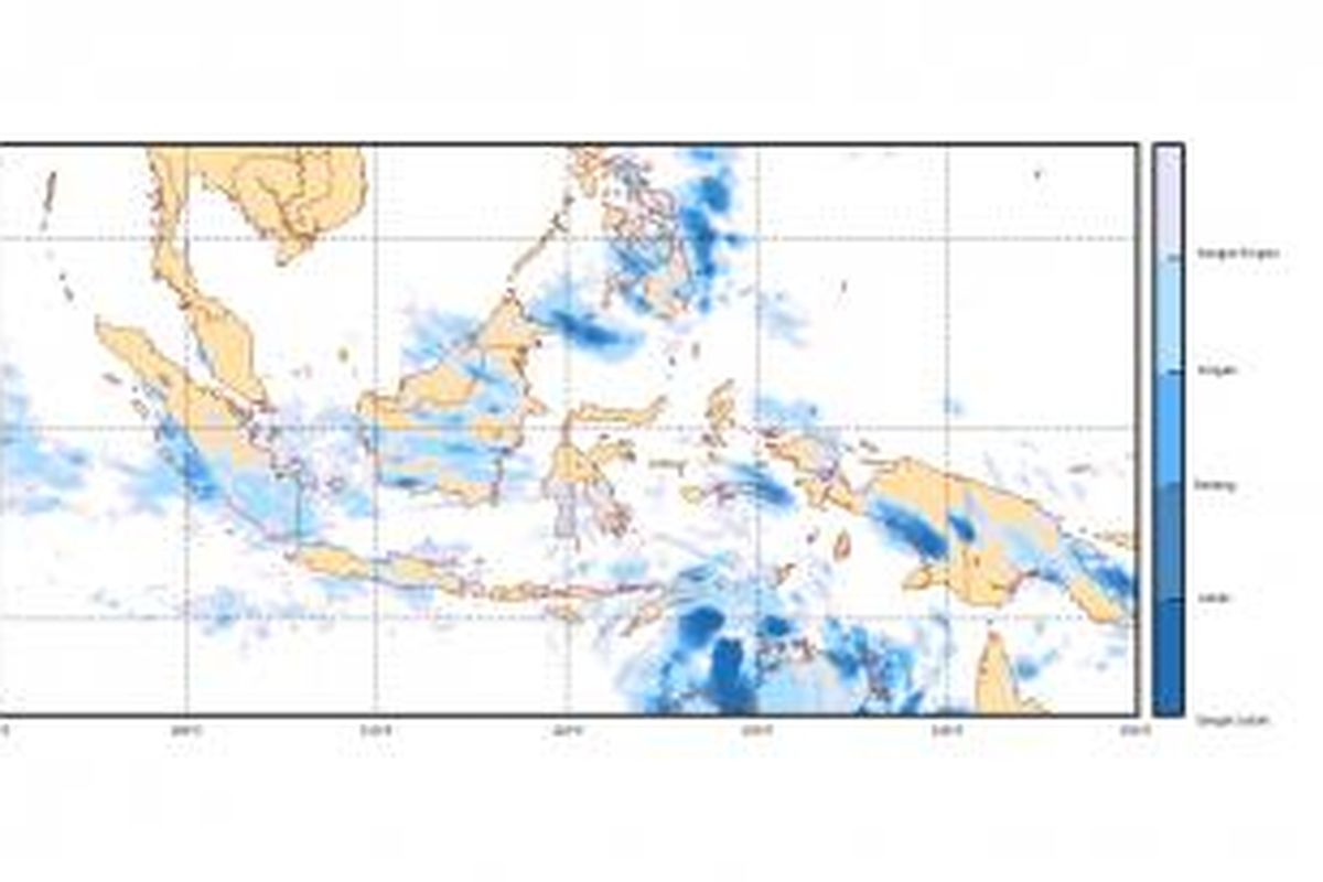 Citra intensitas hujan yang diolah BMKG dan diperbarui pada Senin (13/1/2014) pukul 21.00 WIB yang diambil dari data satelit MTSAT.
