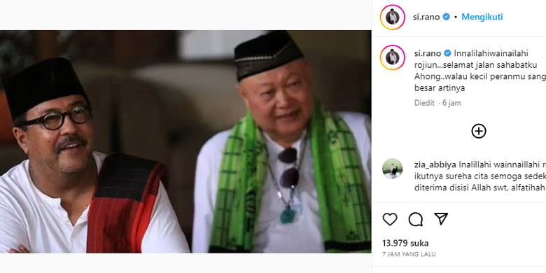 Tangkap layar foto Rano Karno bersama Koh Ahong alias Kasiman pemeran sinetron Si Doel Anak Sekolahan (Instagram/@si.rano).