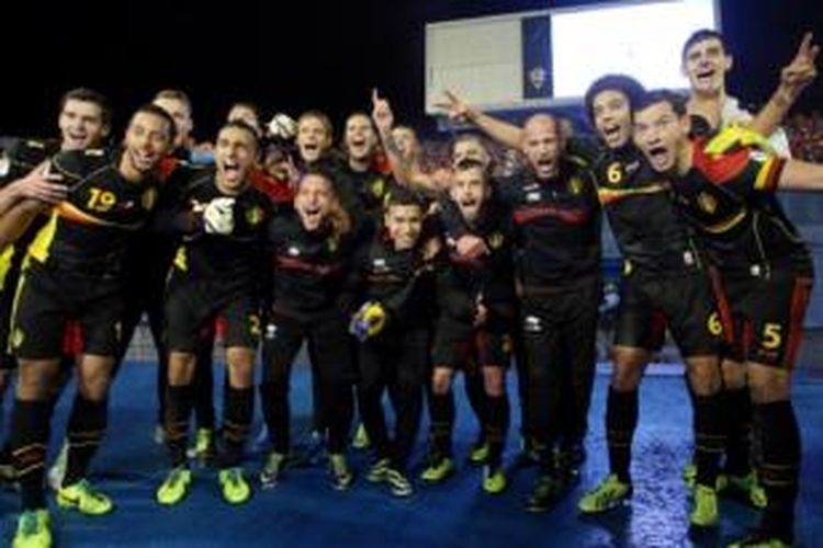 Tim nasional Belgia bergembira seusai memastikan tiket ke Piala Dunia 2014. Kepastian tersebut didapat setelah Belgia menaklukkan Kroasia, 2-1, di Zagreb, Jumat (11/10/2013).