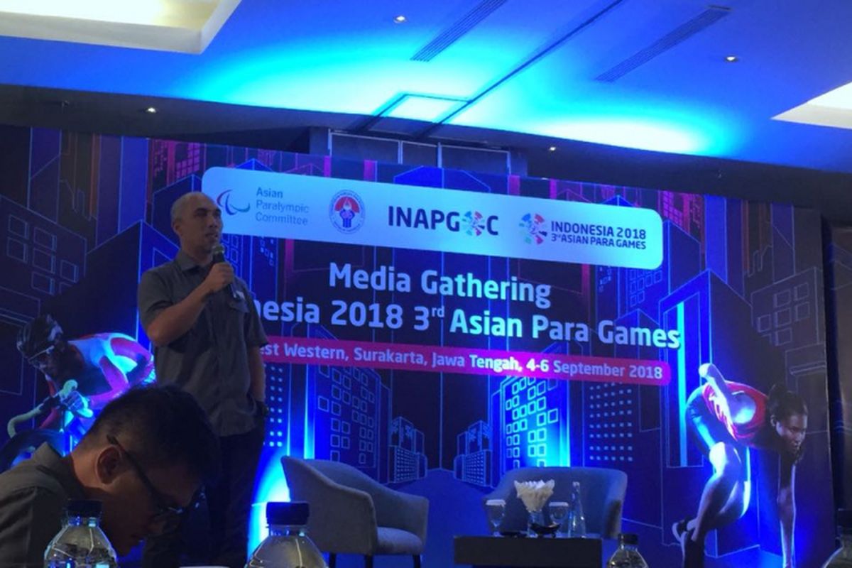 Direktur Divisi Sport Inapgoc, Fanny Irawan, menyampaikan perkembangan tentang cabang-cabang di Asian Para Games 2018 di Solo, Selasa (4/9/2018).