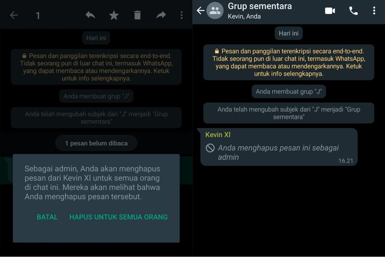 Notifikasi yang muncul saat admin grup menghapus chat yang dikirim anggota grup.