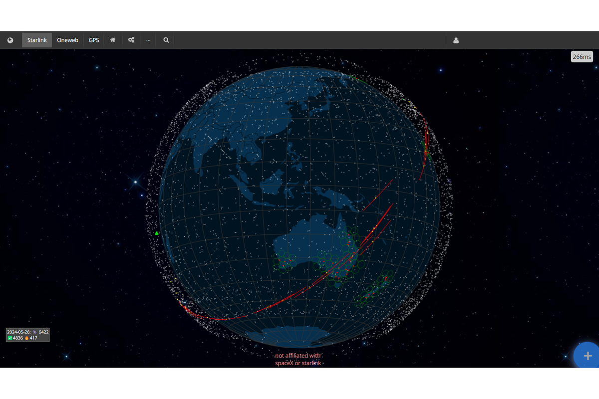 Penampakan lebih dari 4.000 satelit Starlink di orbit rendah bumi (LEO) per Mei 2024.